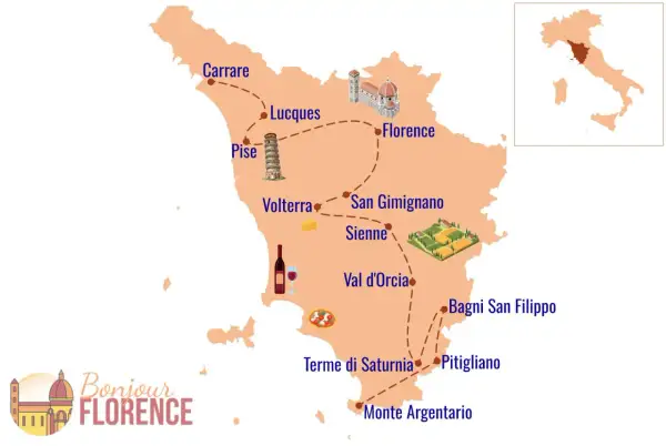Carte de la Toscane avec des icônes : Pise, Florence, Sienne. Idéal pour planifier que faire à Sienne et explorer la région.