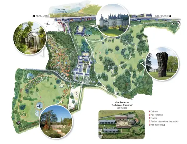 Plan du Domaine de Chaumont-sur-Loire : château, jardins thématiques, serres et parc historique. La Loire est visible en arrière-plan.