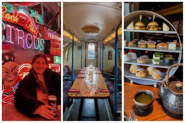 Une jeune femme devant des néons à Londres. Une table dressée dans un wagon de métro vintage. Un plateau de thé avec des pâtisseries et des sushis. Idées pour où manger à Londres.