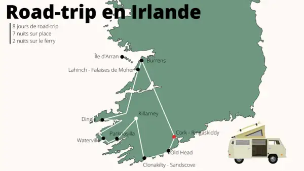 Carte de l'Irlande avec un itinéraire de road-trip et un van aménagé.