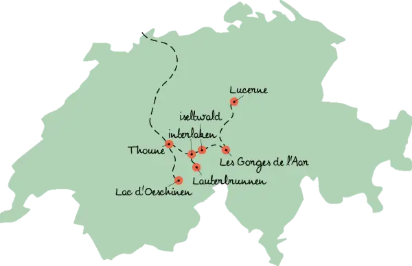 Carte de la Suisse montrant un itinéraire pour 10 jours en Suisse en camping-car, passant par Lucerne, Interlaken, Iseltwald, Thoune, Lac d'Oeschinen, Lauterbrunnen et les Gorges de l'Aar.