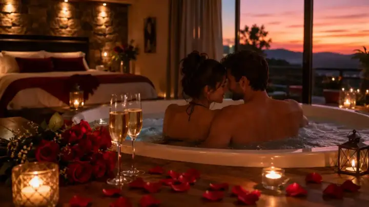 Un couple profite d'un jacuzzi romantique avec des roses et du champagne, un parfait weekend au soleil.